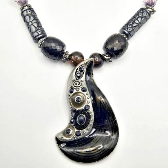 Large Enameled Metal Pendant Hand Beaded Necklace Multi-Strand Hemp‎ Cord - Picture 1 of 5